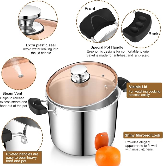 P&P CHEF Stainless Steel 3-Ply Sock Pot with Lid, Stockpot for Cooking Pasta & Stewing Soup, Fits Multi Stoves, Heat-proof Handle & Clear Lid, Heavy Duty & Dishwasher Safe, 12 Quarts