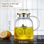 54OZ Glass Pitcher with Lid and Spout, Water Jug, Glass Carafe Water Pitcher for Hot/Cold Beverage, 1600ml for Tea, Juice, Coffee, Milk