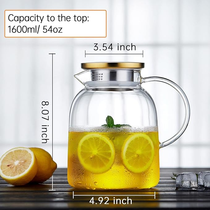 54OZ Glass Pitcher with Lid and Spout, Water Jug, Glass Carafe Water Pitcher for Hot/Cold Beverage, 1600ml for Tea, Juice, Coffee, Milk