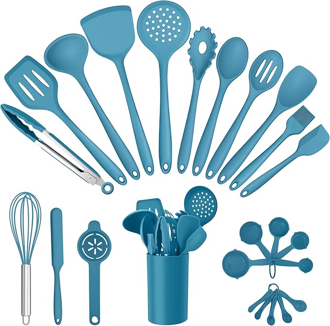 E-far Silicone Cooking Utensils Set, 25 Piece Kitchen Utensils with Holder, Non Toxic Kitchen Tools Spatula, Turner, Spoon, Ladle for Nonstick Cookware, Heat Resistant & Dishwasher Safe - Blue