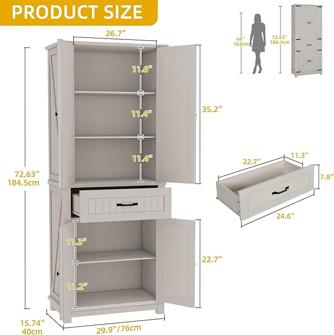 DWVO 72" Tall Farmhouse Pantry Cabinet, Kitchen Storage Pantry with Barn Doors & Drawer, Versatile Organizer with Adjustable Shelves, Rustic Cupboard for Dining Room, Living Room, White Oak