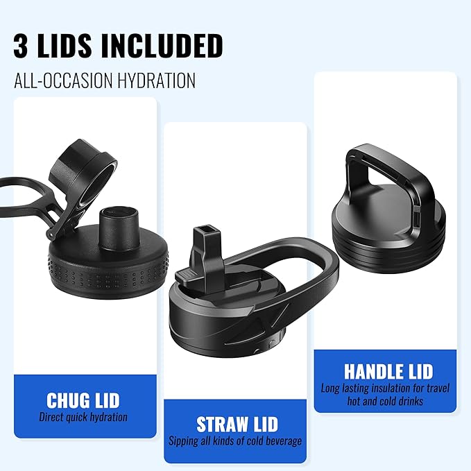 32oz Insulated Water Bottle with Straw, Stainless Steel Metal Vacuum Water Flask, Large Thermal Water bottle with Leakproof 3 Lids for Travel, Camping, Gym Sports Indigo Black