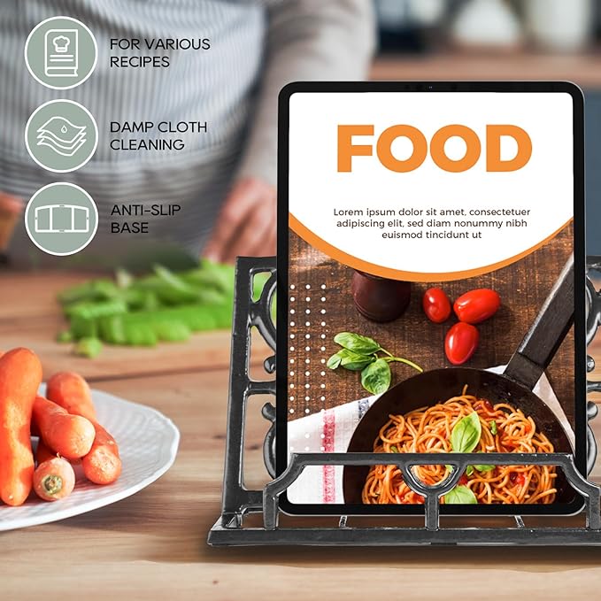 JOGREFUL Cookbook Stand, Cast Iron Heavy-Duty Recipe Book Holder, Kitchen Vintage Recipe Book Holder, Reading Rest Holder for Easel/Counter/Books/Magazine/iPad/Bible, Classic Black