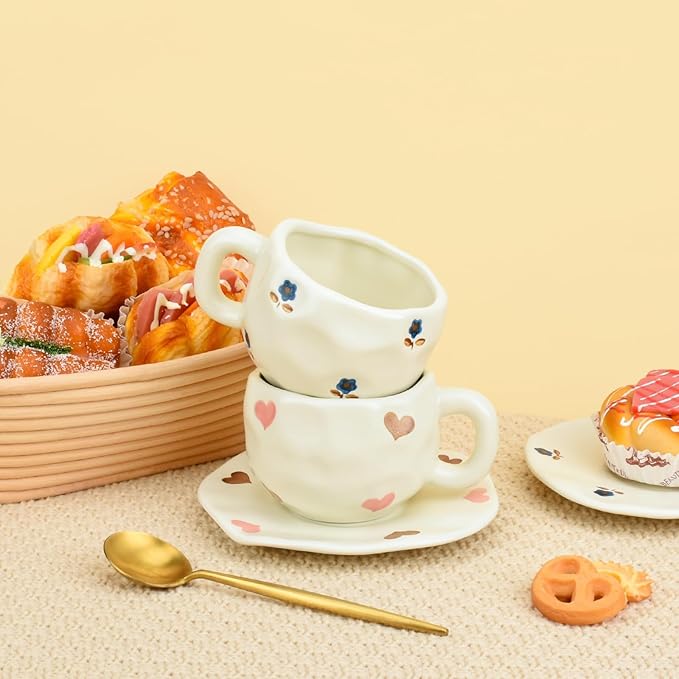 Koythin Ceramic Coffee Mug with Saucer Set, Cute Love Cup Unique for Office and Home, 10 oz/300 ml for Latte Tea Milk