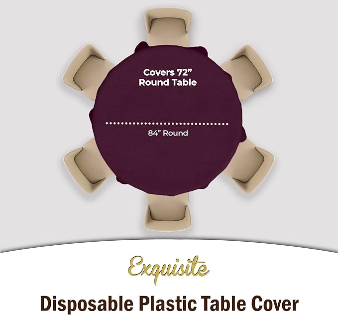 Exquisite Party Solids 12-Pack Premium Plastic Tablecloth 84in. Round Table Cover - Plum