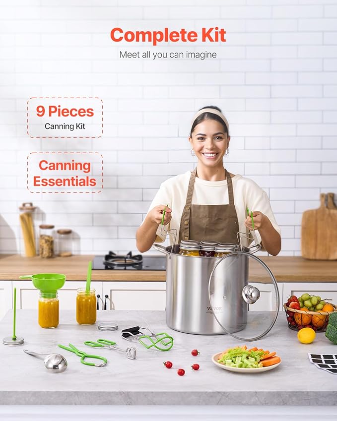 VEVOR Canning Supplies Starter Kit, 9 Pieces Stainless Steel Water Bath Canning Kit for Beginners, Canning Tools Set: Pot, Rack, Lid, Funnel, Tongs, Jar Lifter, Wrench, Magnetic Wand, Bubble Propper
