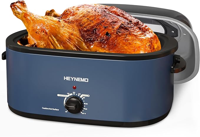 24QT Electric Roaster Oven, Electric Turkey Roaster with Viewing & Self-basting Lid, Stainless Steel Turkey Roaster Oven, Blue