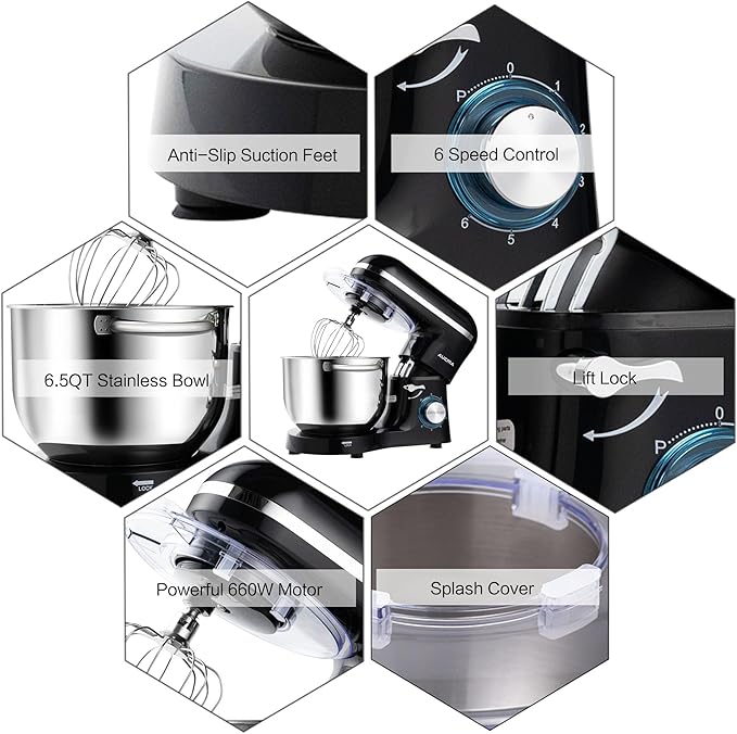 Aucma Stand Mixer,6.5-QT 660W 6-Speed Tilt-Head Food Mixer, Kitchen Electric Mixer with Dough Hook, Wire Whip & Beater (6.5QT, Black)