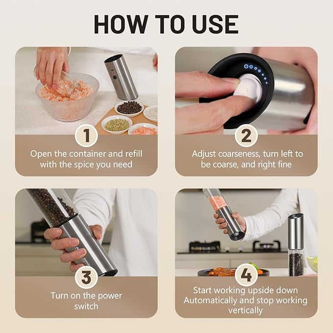 Gravity Electric Salt and Pepper Grinder Set, USB Rechargeable Stainless Steel Mills with Large Capacity Tall Glass, LED Light, Adjustable Coarseness, Ideal for Kitchen and Dining(2PCS)