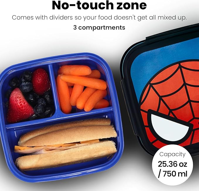 Yoobi x Marvel Spider-Man Bento Box and Ice Pack – Gift – 3 Compartment Lunch Box, Dishwasher & Microwave Safe Food Container for Kids & Tweens – BPA & PVC Free, Leakproof