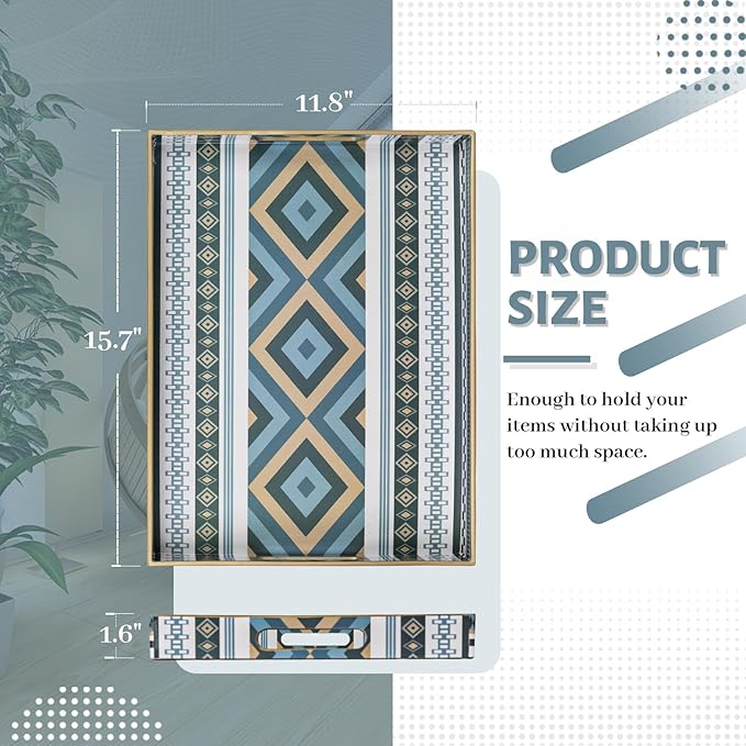 Rectangular Decorative Tray, Plastic Serving Tray with Handles, Bohemian Blue Tray for Ottoman, Coffee Table Tray for Living Room, Home Decor, 15.8" x 11.8" x 1.6"