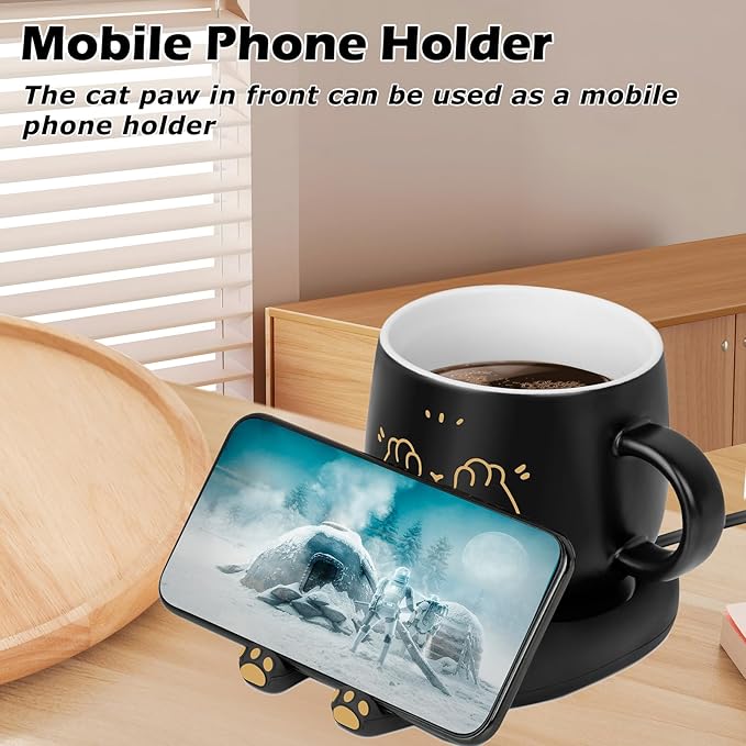 PUSEE Coffee Mug Warmer & Cute Cat Mug Set, Coffee Cup Warmer for Desk with Auto Shut Off, Beverage Warmer with 3 Temp Settings, Candle Warmer Coffee Warmer with Mug Set for Christmas & Birthday Gifts