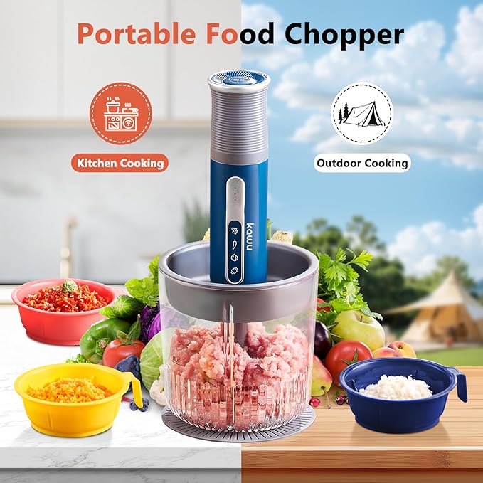 Kawu Cordless Food Processor, Electric Portable Food Chopper with 2 Bowls | 2 Cups+3x 0.4 Cup | 2 Stainless Steel Blades, USB Rechargeable Meat Grinder & Vegetable Chopper for Kitchen, Home