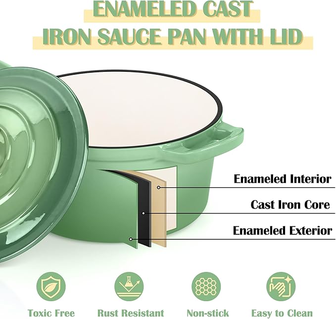 E-far Enameled Cast Iron Sauce Pan, 2 Quart Dutch Oven Saucepan with Lid, Small Sauce Pot for Cooking, Boiling, Healthy & Non Toxic, Induction & Oven Safe, Pistachio Green