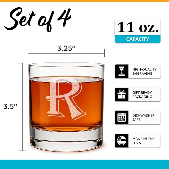 On The Rox Drinks (R-Monogram)- 4 Piece Set of 11 Ounce Engraved Heavy Base Rocks Glasses Elegant Glass-Multi-Purpose Beverage-Rocks Glass- Gift for any Occasion