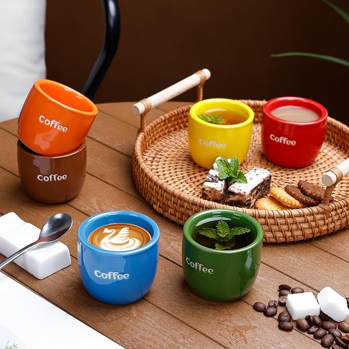 Ceramic Espresso Cup set of 6, One Shot Coffee Cups, Double Walled 3 oz/90 ml Tiny Cofffee Mugs Demitasse for Espresso, Porcelain Coffee Mugs Set of 6 colors