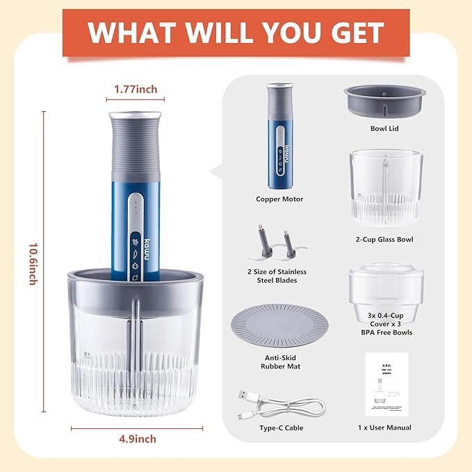 Kawu Cordless Food Processor, Electric Portable Food Chopper with 2 Bowls | 2 Cups+3x 0.4 Cup | 2 Stainless Steel Blades, USB Rechargeable Meat Grinder & Vegetable Chopper for Kitchen, Home