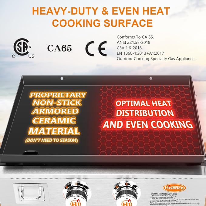 Hisencn Portable Griddle for Outdoor, Tabletop, Countertop, Kitchen, Tailgating, RV - Nonstick Camping Griddle 369 sq. in. 24000 BTUs Griddle for Gas Grill, 22 Inch with Hood, with Carry Bag