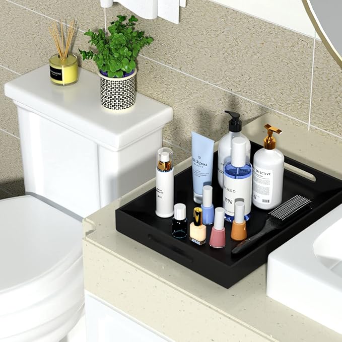 NIUBEE Acrylic Serving Tray 12x16 Inches -Spill Proof- Decorative Tray Organiser for Ottoman Coffee Table Countertop with Handles - Black