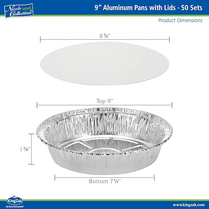 Nicole Home Collection Aluminum Pans 9” Round Disposable Foil Pans With Lids (50 Pack) – 9 Inch Round Disposable Takeout Pans With Board Lids (9" Inch Round)