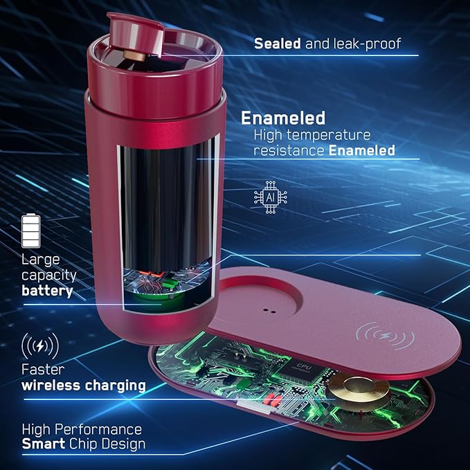 Temperature Control Heated Coffee Mug Smart Self Heating Travel Mug 12 Oz App Controlled Warmer Mug 4-10 Hour LED Display Keep Coffee Hot All Day Fast Wireless Charger Base Rogue red