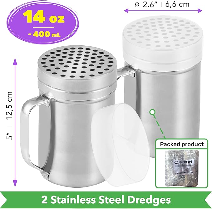 CUSINIUM 14oz Metal Parmesan Cheese Shakers with Large Holes - With Handle - Chili Flakes Dispensers - Pizza Shakers - Pack of 2 | Style: Coarse