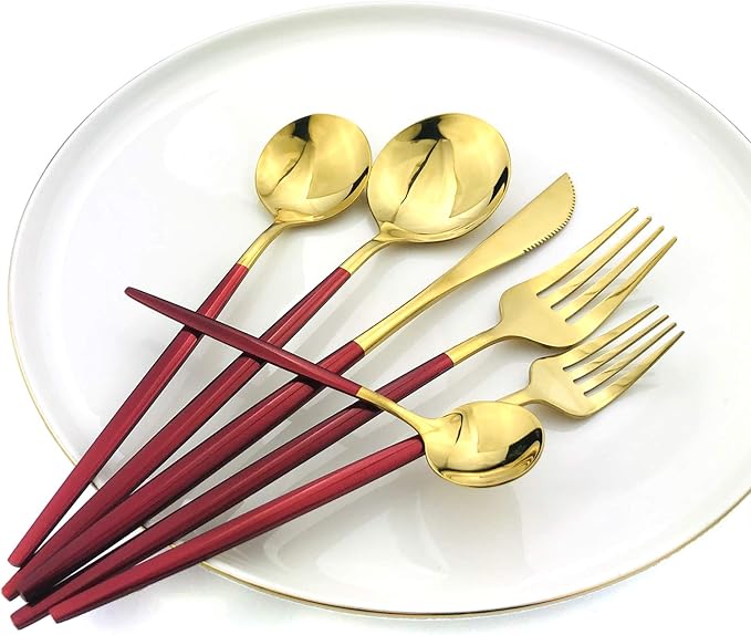 36-Pieces Silverware Mirror Polished Dinnerware Gold Flatware With Red Handle, 18/0 Stainless Steel Cutlery Set For Home Kitchen Party Hotel Restaurant Wedding Service for 6