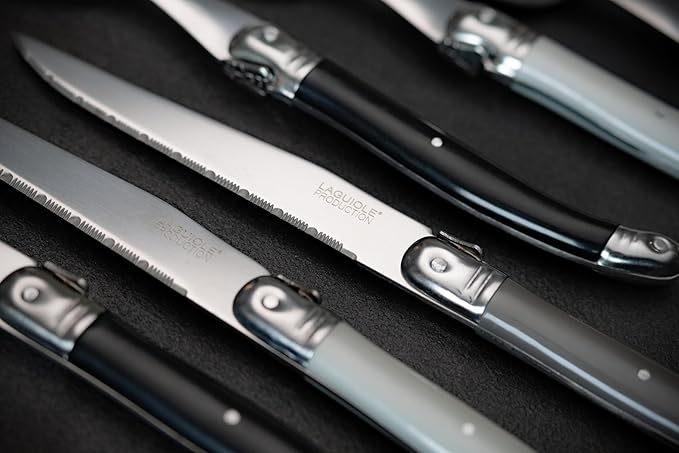 Laguiole Heritage Dinnerware Set; Luxury French Flatware in Premium Stainless Steel with Ergonomic ABS Handles; Features 6 Steak Knives, Forks, Tea/Coffee & Dessert Spoons, Iris, 24-Piece