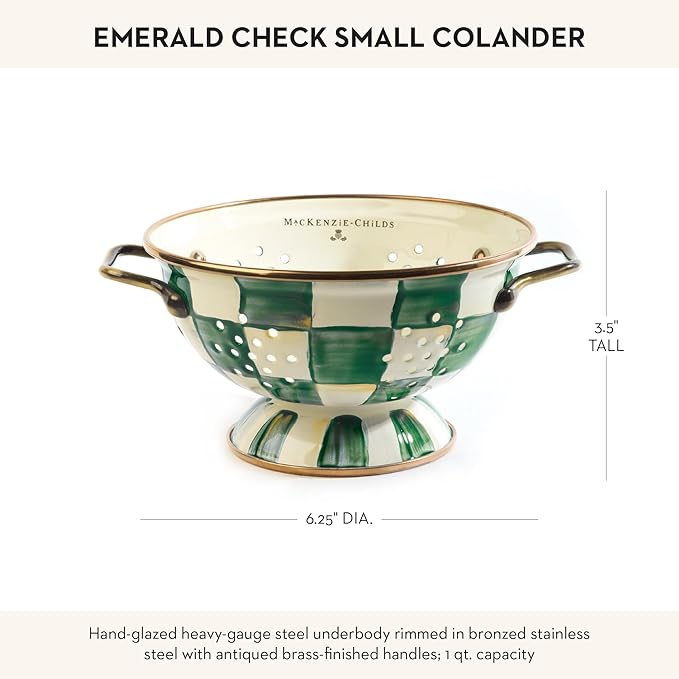 MACKENZIE-CHILDS Enamel Colander, Decorative Kitchen Strainer, Small, Green-and-White Emerald Check