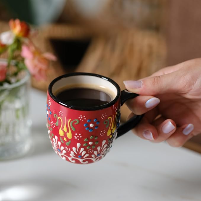 Espresso Cups Set of 2 | 4 oz Small Espresso Cups | Turkish Tea Cups | Demitasse Mugs with Handle | Modern Stackable Ceramic Espresso Mugs Set (RED/BLACK)