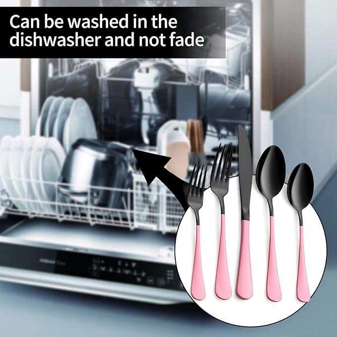 20-Pieces Blac and Pink Silverware Sets for 4,Pink Handle Stainless Steel Cutlery Set, Include Forks Spoons and Knives Set, Dishwasher Safe Utensil Sets for Home Restaurant