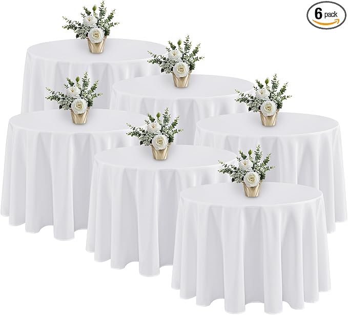 Fitable 6 Pack White Round Tablecloths - 120 Inches in Diameter - Stain Resistant and Washable Table Clothes, Polyester Fabric Table Covers for Wedding, Party, Banquet, Formal Events