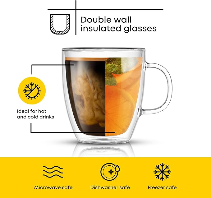 JoyJolt Savor Double Wall Insulated Glasses - Coffee Mugs (Set of 2) - 13.5-Ounces