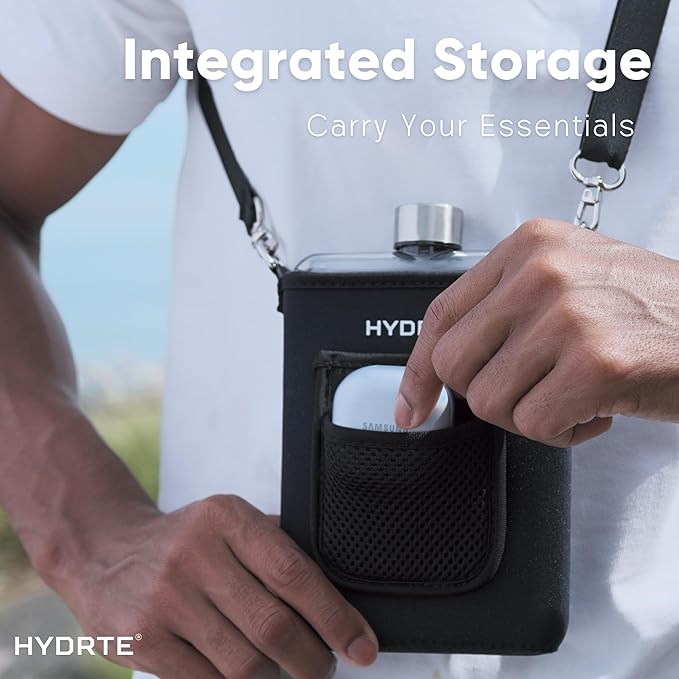 Travel Water Bottle | Flat With Strap | Leak Proof Slim for Travel | BPA Free Flask | Ultimate Square With Sleeve 18 oz (Nero Black)