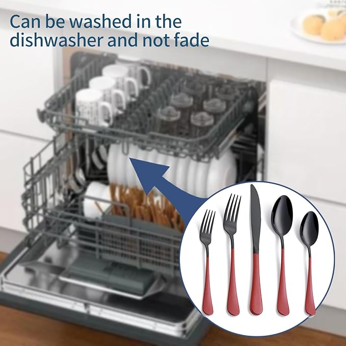 20-Piece Red Silverware Set 18/0 Stainless Steel Black Silverware Set Red Handle Cutlery Black Set Service for 4 Dinner Knives Forks Spoons Set Black Flatware SetFinish Dishwasher Safe