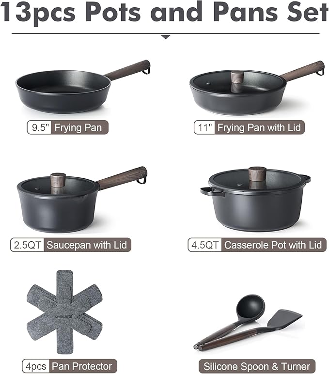 SENSARTE Pots and Pans Set Nonstick Cookware Set Kitchen Cooking Set Non-stick, Dishwasher & Oven Safe, Induction Compatible, Free of Intentionally Added PFOA/PFOS, 13pcs, Black