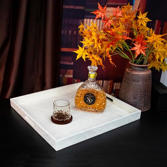 20 * 20 inches Leather Rectangle Serving Tray with Hole Handles,High-End Light Large Service Tray for Ottoman Tray, Tea, Food, Butler - Countertop, Kitchen,Family Dinner, Picnic(White)