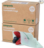 Home Compostable Resealable Snack Bags (6"x 3.5"), Microwave & Freezer Safe, Organic Food Storage Container, 100 Count (Pack of 2)