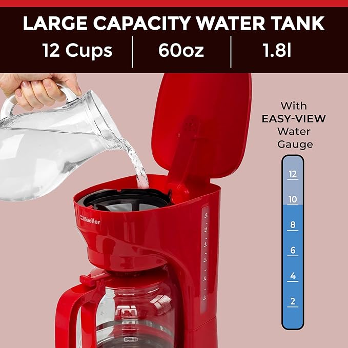 MUELLER HOME 12-Cup Red Coffee Maker - Perfect for Home or Office, Borosilicate Carafe, Auto-Off, Reusable Filter, Anti-Drip, Keep-Warm Function, Clear Water Level Window, Red Kitchen Accessories