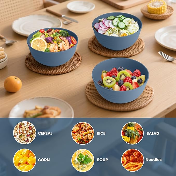 Wheat Straw Bowls for Kitchen 26 OZ - 6 Inch, Unbreakable Lightweight Salad Bowl Set of 6, Microwave and Dishwasher Safe Bowl, Alternative Plastic Bowls Reusable for Cereal, Snack,Fruit (Blue)