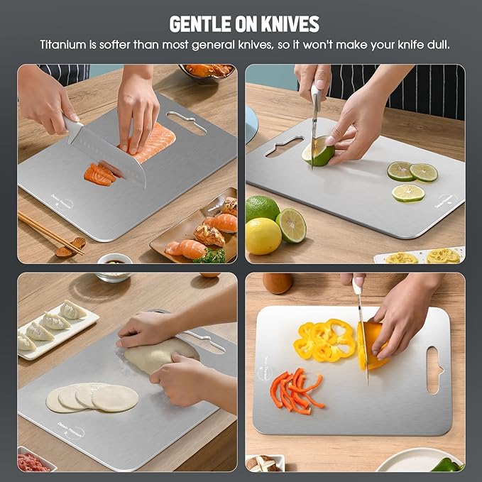 100% Pure Titanium Cutting Board for Kitchen 2mm Thickened, Easy to Clean, Dishwasher Safe, Double-Sided Chopping Board for Meat, Veggies, Fruits, Camping, Housewarming Gift (14.2" x 9.85")
