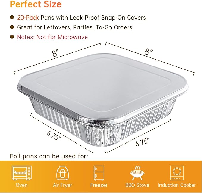 8x8 Aluminum Pans with Lids - 20 Pack Disposable Baking Pans, Heavy Duty Tin Foil Pans with Lids for Cake Baking, Cooking, Heating, Storing, Prepping Food