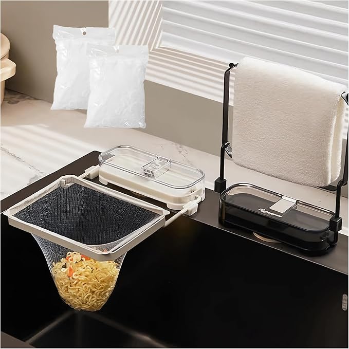 Sink Drain Strainer 2025 New Suction Cup Sink Kitchen Net Strainer Colander Collapsible Corner Sink Strainer Over for Food Waste Filtering Kitchen Leftover Have Mesh Bags (B+W, Filter 100Pcs)