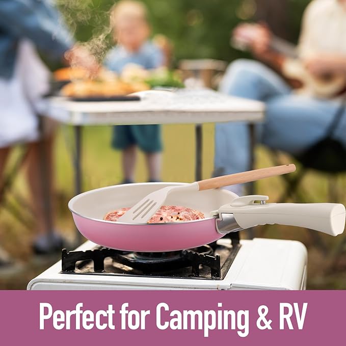 20pcs Ceramic Cookware Set Nonstick, Detachable Handle Pots and Pans Set, Non Toxic,No PFAS & PTFE & PFOA, Dishwasher/Oven Safe, RV Kitchen Set Removable Handle for Cooking, Pink