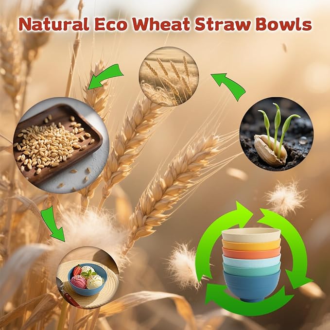 Handy Wheat Straw Bowls Set of 6,Unbreakable Ice-Cream Bowls Sets for Kids,10oz Small Dessert Bowls for Kitchen,Camping and RV.Vibrant Series
