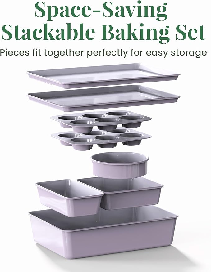 Larder & Vine 8-Piece Bakeware Set | Non-Stick Baking Set with Ceramic Finish | PFAS, PFOA, PTFE, and BPA Free Baking Essentials | Baking Sheets, Muffin Tins and Assorted Baking Pans | Lavender