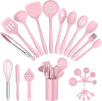 E-far Silicone Cooking Utensils Set, 25 Piece Kitchen Utensils with Holder, Non Toxic Kitchen Tools Spatula, Turner, Spoon, Ladle for Nonstick Cookware, Heat Resistant & Dishwasher Safe - Pink