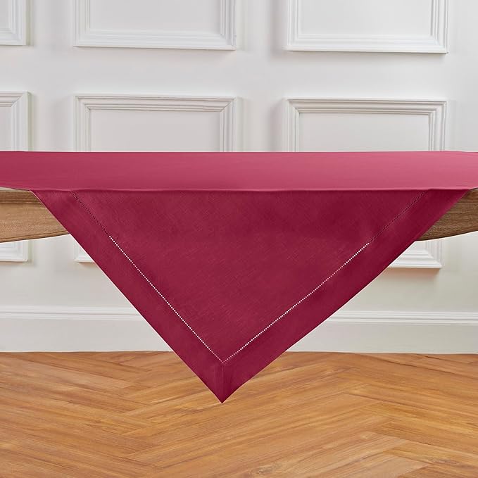 Solino Home Linen Tablecloth 52 x 52 Inch - 100% Pure Linen Beet Square Tablecloth - Classic Hemstitch, Machine Washable Table Throw for Summer, Fall, Autumn