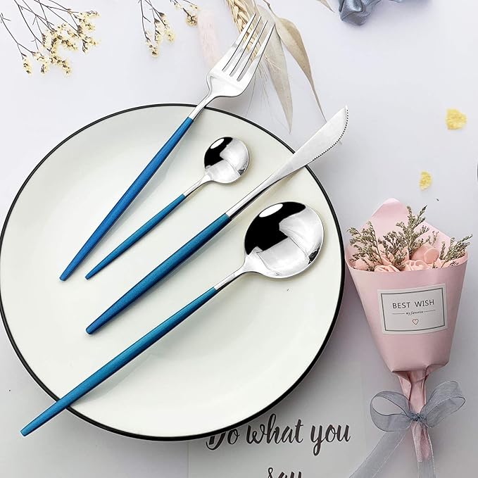 JASHII Flatware Serving Set 24 Piece, Stainless Steel Silverware Set, Blue Silver Cutlery Set, Modern Elegant Tableware Set for Party, Christmas, Dinner (Blue Silver)