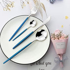 JASHII Flatware Serving Set 24 Piece, Stainless Steel Silverware Set, Blue Silver Cutlery Set, Modern Elegant Tableware Set for Party, Christmas, Dinner (Blue Silver)